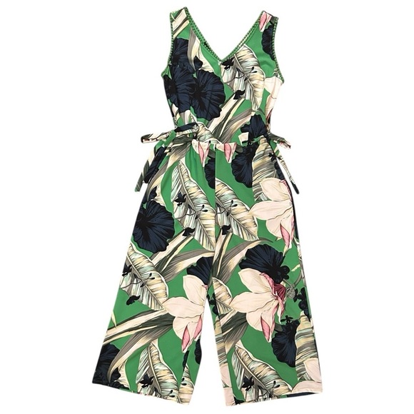 Elegant Floral Green Jumpsuit Tropical Flowers Crop Wide Leg Sleeveless Size 6 - Picture 2 of 10